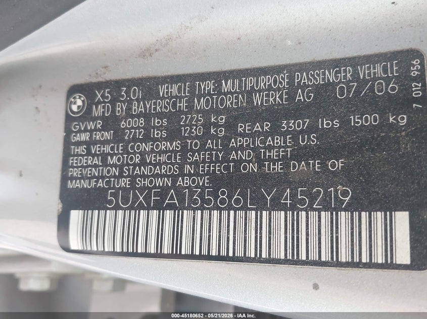 2006 BMW X5 VIN 5UXFA13586LY45219 IAAI salvage auction — FRONT END, Original (Texas), sold $275 on 2026-07-13 (photo 9)