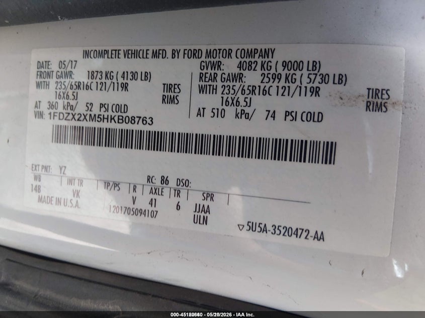 2017 Ford Transit-350 VIN 1FDZX2XM5HKB08763 IAAI salvage auction — SIDE, Sf97 (Colorado), sold $18,950 on 2026-07-08 (photo 9)