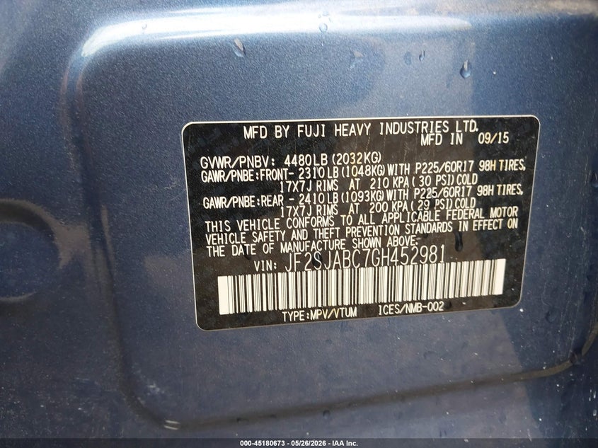 2016 Subaru Forester VIN JF2SJABC7GH452981 IAAI salvage auction — FRONT & REAR, Salvage (South Carolina), sold $900 on 2026-07-15 (photo 9)
