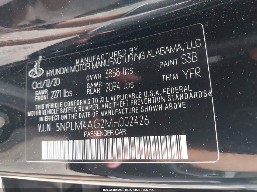 2021 Hyundai Elantra VIN 5NPLM4AG2MH002426 IAAI salvage auction — REAR END, Salvage Title, sold $2,000 on 2026-07-07 (photo 9)