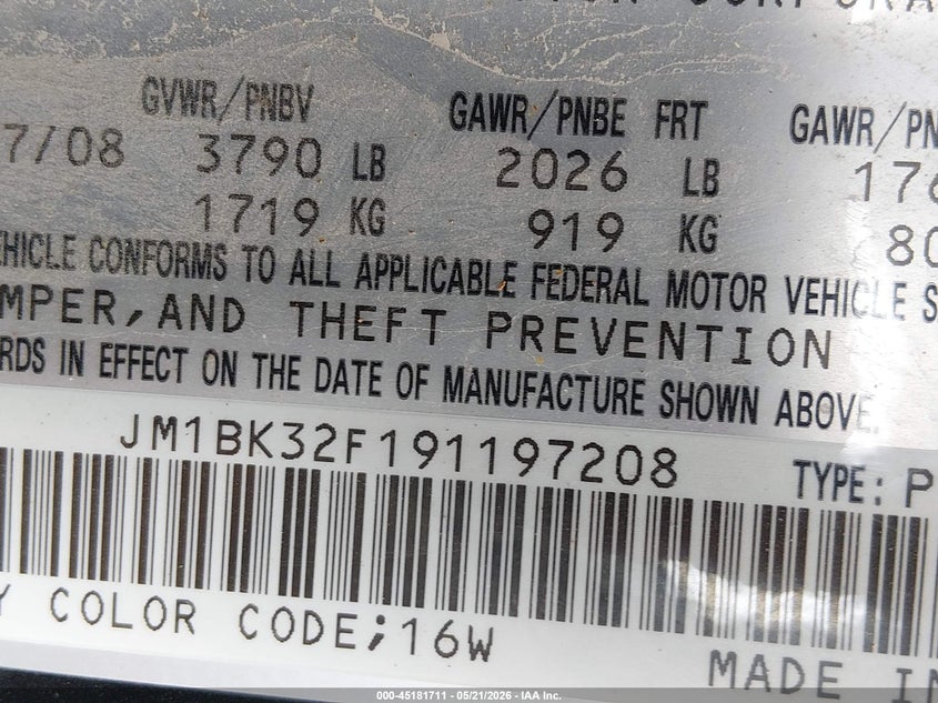 2009 Mazda 3 VIN JM1BK32F191197208 IAAI salvage auction — ROLLOVER, Junk (Missouri), sold $325 on 2026-07-08 (photo 9)