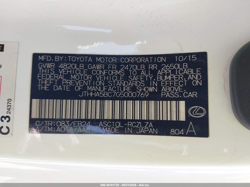 2016 Lexus Rc VIN JTHHA5BC7G5000769 IAAI salvage auction — REAR END, Salvage (California), sold $9,000 on 2026-08-19 (photo 9)