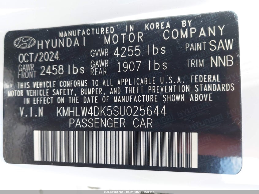 2025 Hyundai Elantra VIN KMHLW4DK5SU025644 IAAI salvage auction — MECHANICAL, Salvage Title, sold $8,100 on 2026-08-06 (photo 9)