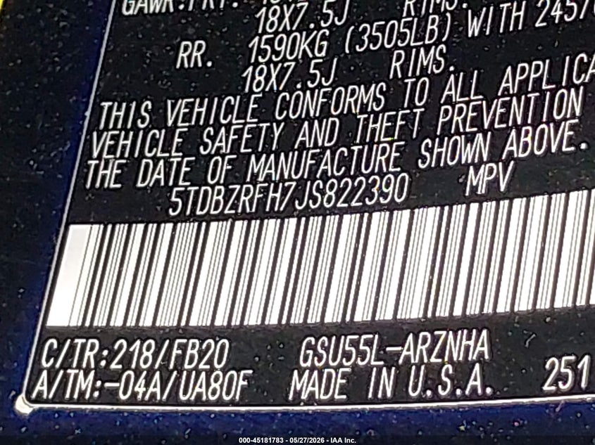 2018 Toyota Highlander VIN 5TDBZRFH7JS822390 IAAI salvage auction — FRONT & REAR, Salvage (New Jersey), sold $5,500 on 2026-07-28 (photo 9)