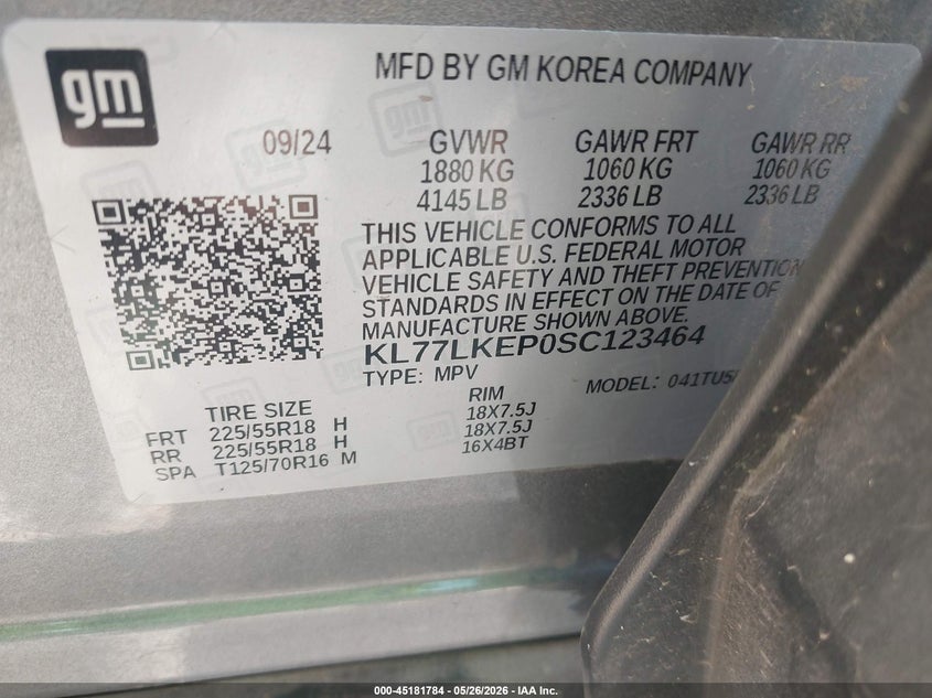 2025 Chevrolet Trax VIN KL77LKEP0SC123464 IAAI salvage auction — HAIL, Original (Texas), sold $1,300 on 2026-07-30 (photo 9)