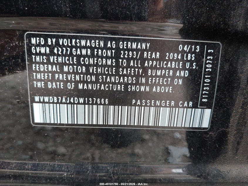2013 Volkswagen Golf VIN WVWDB7AJ4DW137666 IAAI salvage auction — FRONT END, Salvage (Missouri), sold $100 on 2026-07-06 (photo 9)