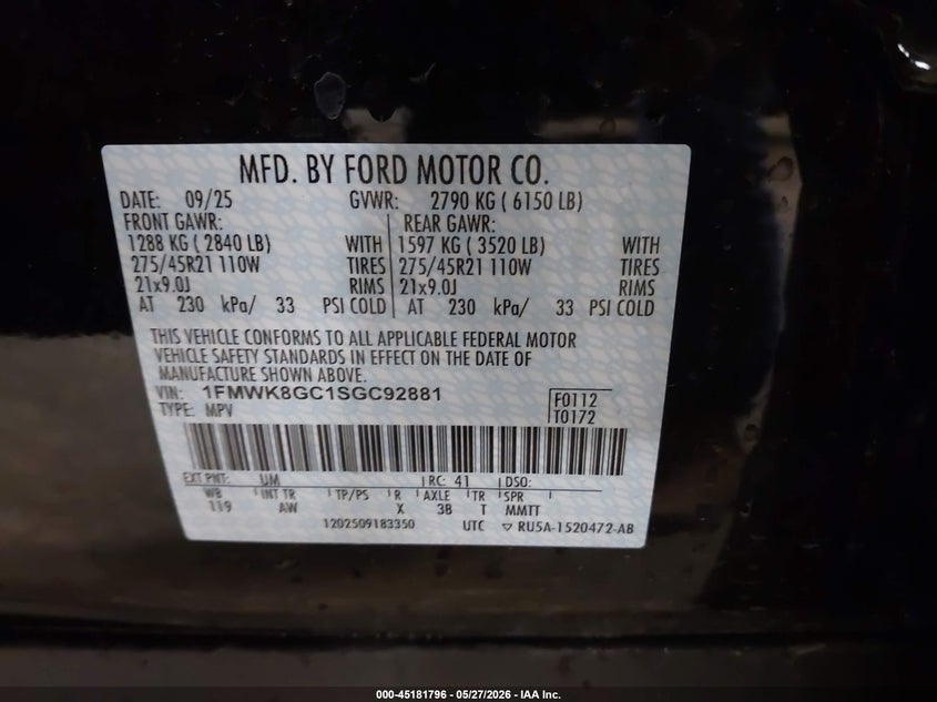 2025 Ford Explorer VIN 1FMWK8GC1SGC92881 IAAI salvage auction — LEFT SIDE, Clear (Wisconsin), sold $29,500 on 2026-07-28 (photo 9)