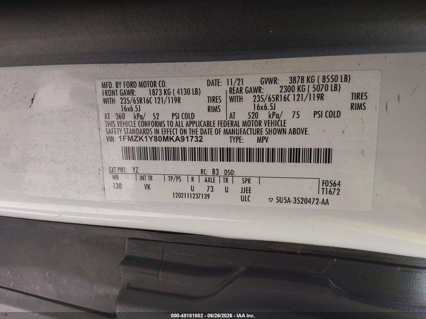 2021 Ford Transit 150 VIN 1FMZK1Y80MKA91732 IAAI salvage auction — SIDE, Sf97 (Texas), sold $20,100 on 2026-07-07 (photo 9)