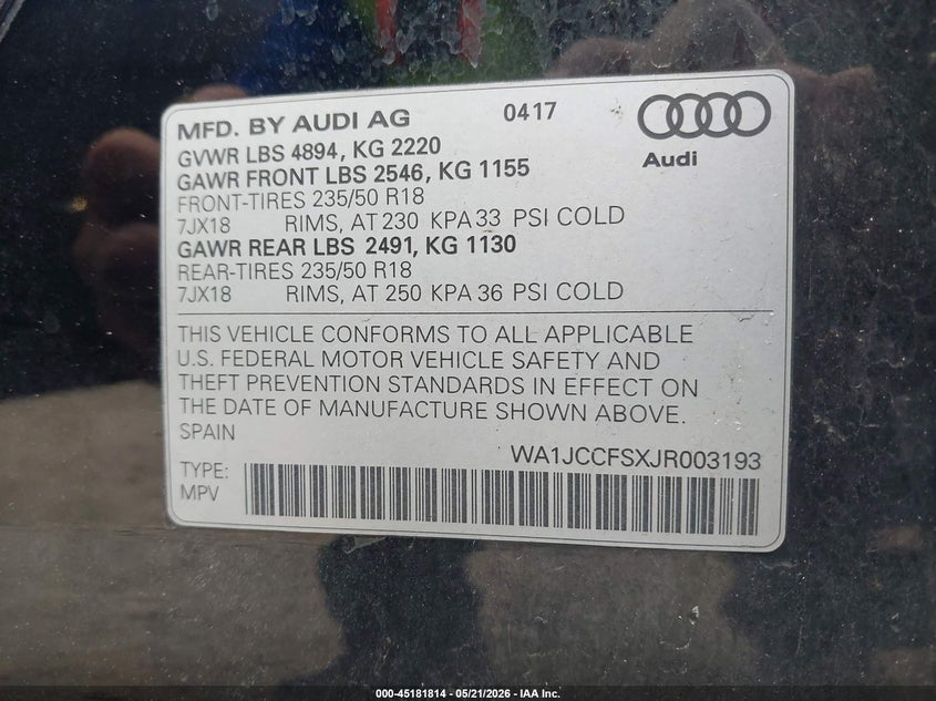2018 Audi Q3 VIN WA1JCCFSXJR003193 IAAI salvage auction — FRONT END, Salvage (Massachusetts), sold $4,550 on 2026-07-10 (photo 9)
