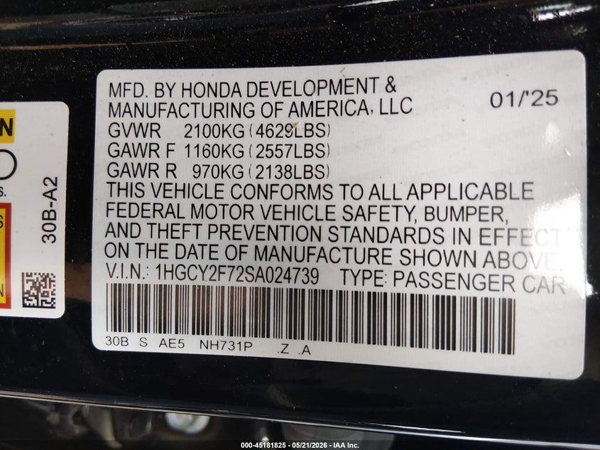 2025 Honda Accord VIN 1HGCY2F72SA024739 IAAI salvage auction — FRONT END, Clear (Oklahoma), sold $9,000 on 2026-07-28 (photo 9)