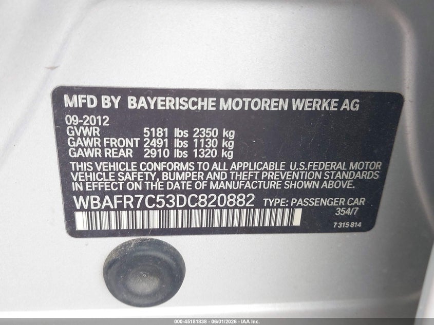 2013 BMW 5er VIN WBAFR7C53DC820882 IAAI salvage auction — NORMAL WEAR, Salvage Title, sold $825 on 2026-07-29 (photo 9)