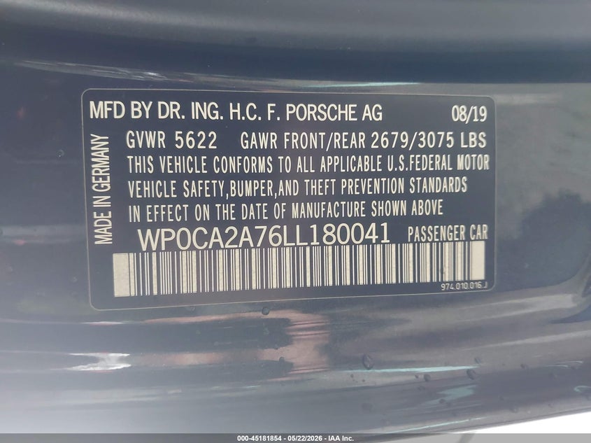 2020 Porsche Panamera VIN WP0CA2A76LL180041 IAAI salvage auction — FRONT END, Salvage (Virginia), sold $13,900 on 2026-07-21 (photo 9)