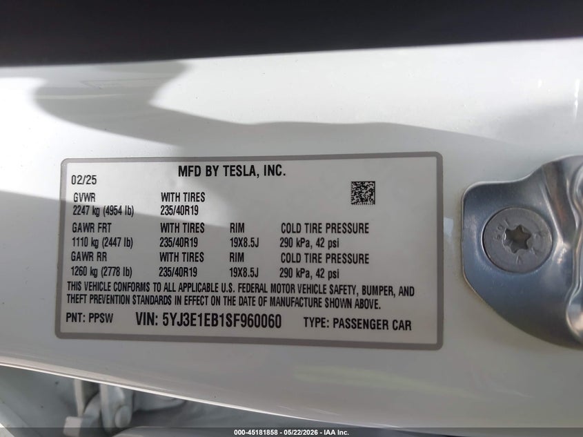 2025 Tesla Model 3 VIN 5YJ3E1EB1SF960060 IAAI salvage auction — FRONT END, Original (Texas), sold $6,600 on 2026-07-23 (photo 9)