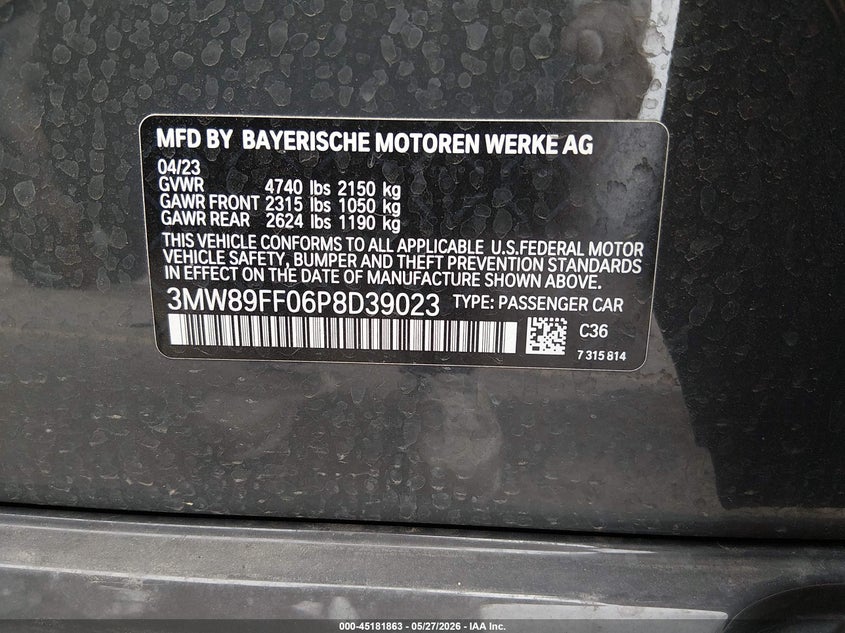2023 BMW 3er VIN 3MW89FF06P8D39023 IAAI salvage auction — FRONT END, Salvage Title, sold $18,700 on 2026-07-28 (photo 9)