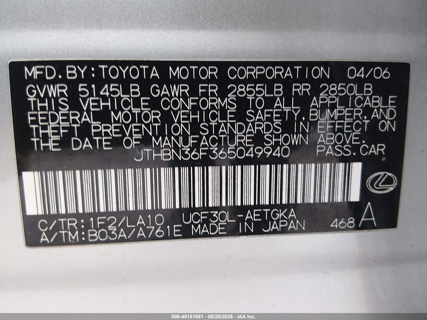 2006 Lexus Ls VIN JTHBN36F365049940 IAAI salvage auction — BIOHAZARD/CHEMICAL, Salvage (Louisiana), sold $1,150 on 2026-07-29 (photo 9)