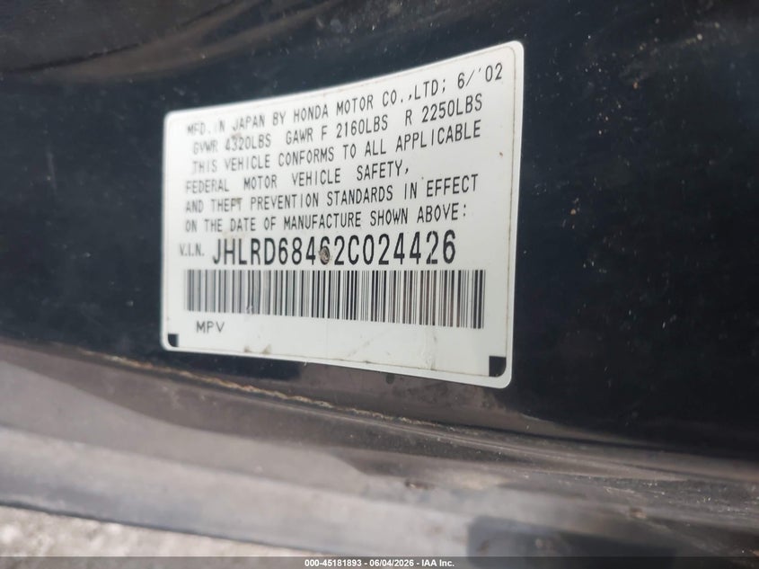 2002 Honda Cr-v VIN JHLRD68462C024426 IAAI salvage auction — NORMAL WEAR, Original (Texas), sold $400 on 2026-07-07 (photo 9)