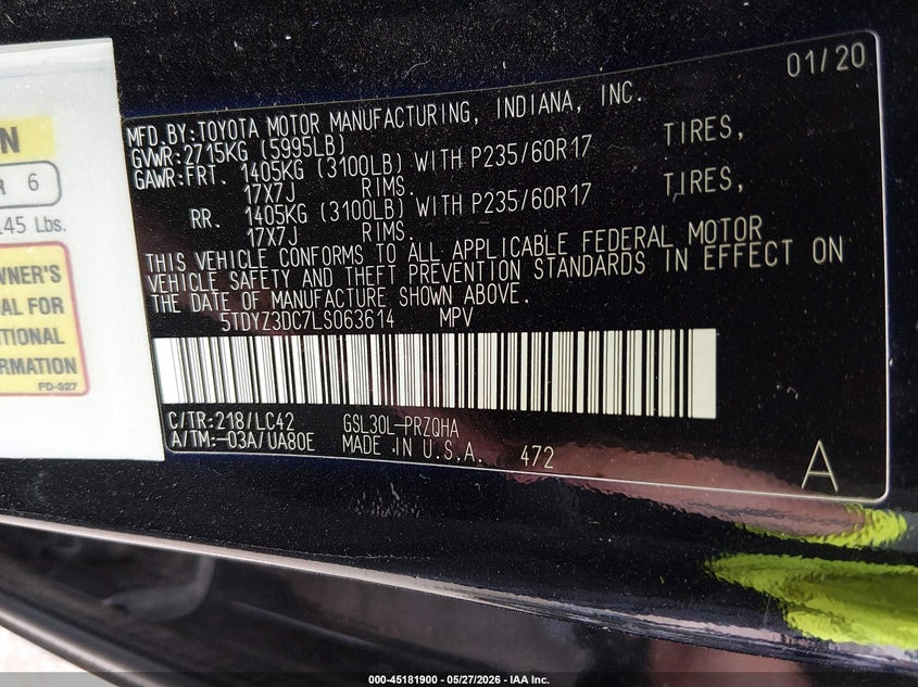 2020 Toyota Sienna VIN 5TDYZ3DC7LS063614 IAAI salvage auction — HAIL, Salvage Title, sold $12,600 on 2026-07-31 (photo 9)
