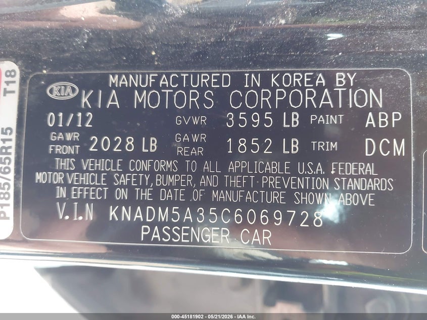 2012 Kia Rio VIN KNADM5A35C6069728 IAAI salvage auction — NORMAL WEAR, Original (Texas), sold $275 on 2026-07-08 (photo 9)