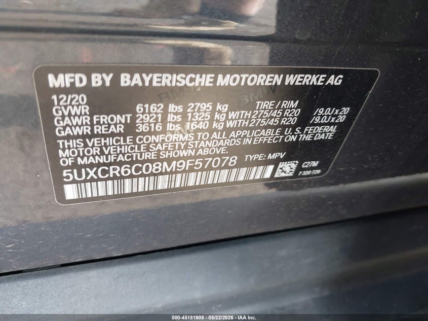 2021 BMW X5 VIN 5UXCR6C08M9F57078 IAAI salvage auction — FRONT END, Mv-907A (New York), sold $17,700 on 2026-07-31 (photo 9)