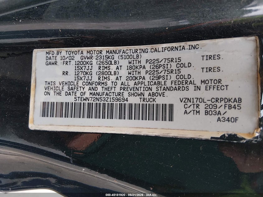 2003 Toyota Tacoma VIN 5TEWN72N53Z159694 IAAI salvage auction — RIGHT SIDE, Salvage (West Virginia), sold $1,100 on 2026-07-30 (photo 9)