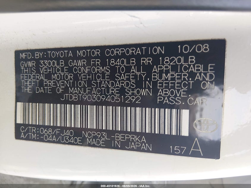 2009 Toyota Yaris VIN JTDBT903094051292 IAAI salvage auction — NORMAL WEAR, Clear (Virginia), sold $1,625 on 2026-07-20 (photo 9)