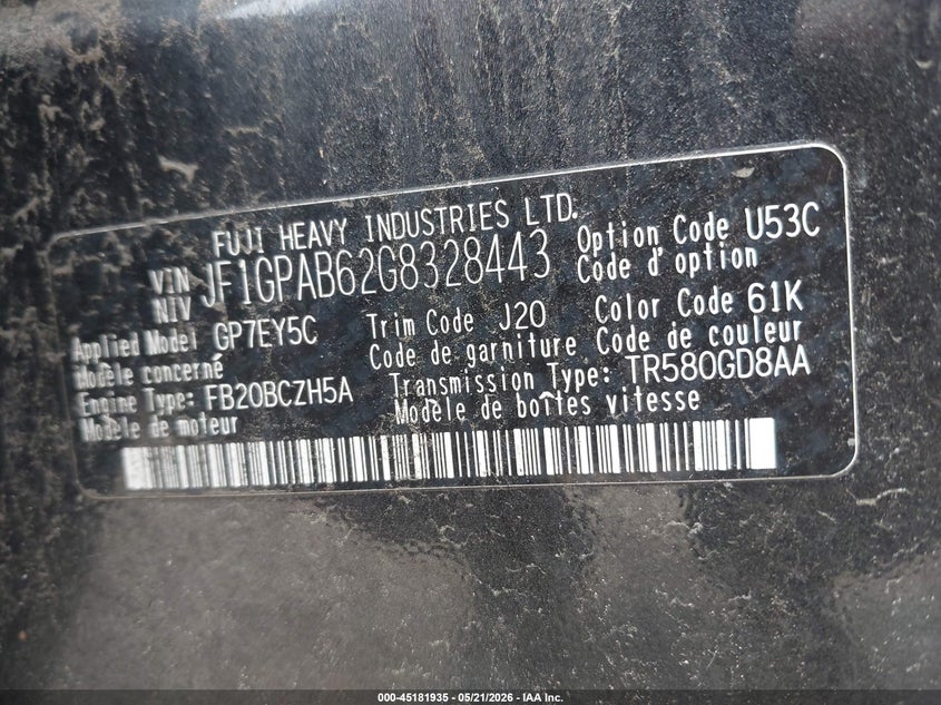 2016 Subaru Impreza VIN JF1GPAB62G8328443 IAAI salvage auction — FRONT END, Salvage Title, sold $400 on 2026-07-17 (photo 9)