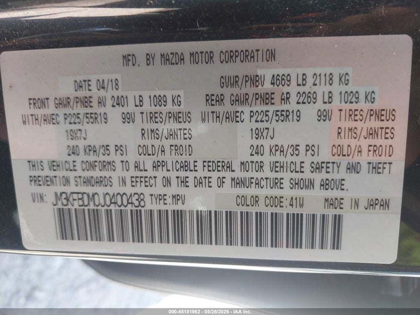2018 Mazda Cx-5 VIN JM3KFBDM0J0400438 IAAI salvage auction — LEFT & RIGHT, Salvage Title, sold $4,500 on 2026-07-15 (photo 9)