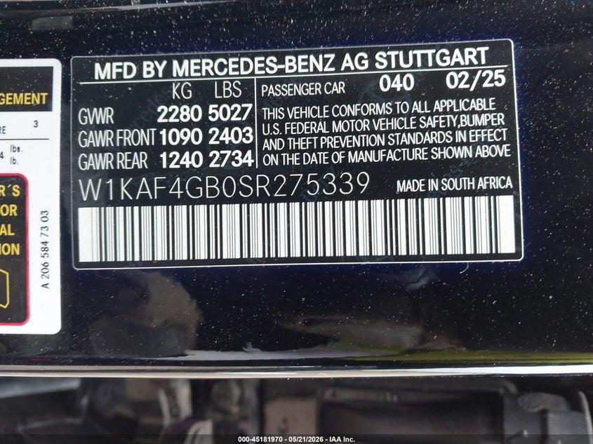 2025 Mercedes-benz C-klasse VIN W1KAF4GB0SR275339 IAAI salvage auction — ENGINE DAMAGE, Salvage (Texas), sold $18,750 on 2026-07-07 (photo 9)