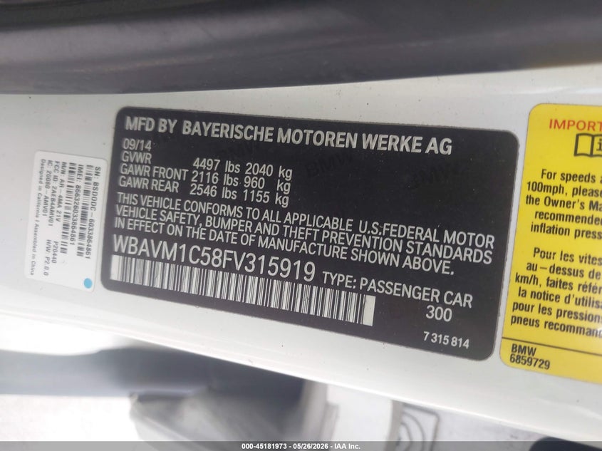 2015 BMW X1 VIN WBAVM1C58FV315919 IAAI salvage auction — LEFT SIDE, Original (Texas), sold $1,650 on 2026-07-31 (photo 9)