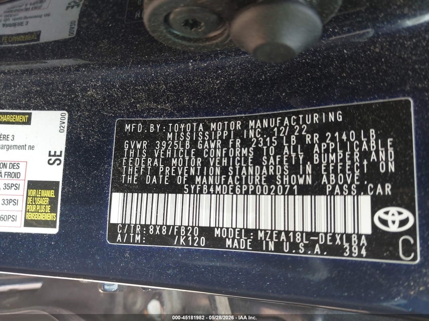 2023 Toyota Corolla VIN 5YFB4MDE6PP002071 IAAI salvage auction — FRONT & REAR, Salvage Title, sold $5,300 on 2026-07-13 (photo 9)
