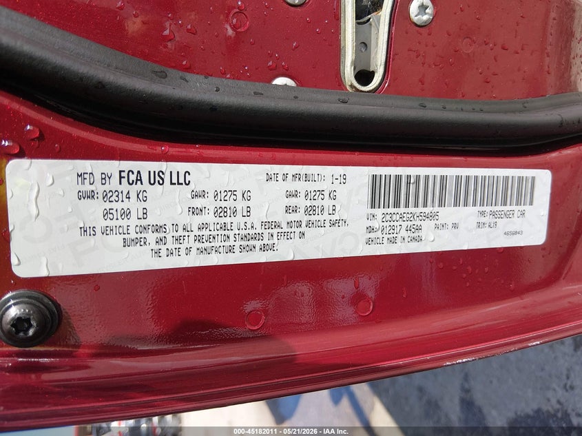 2019 Chrysler 300 VIN 2C3CCAEG2KH594805 IAAI salvage auction — HAIL, Salvage (Missouri), sold $8,300 on 2026-08-11 (photo 9)