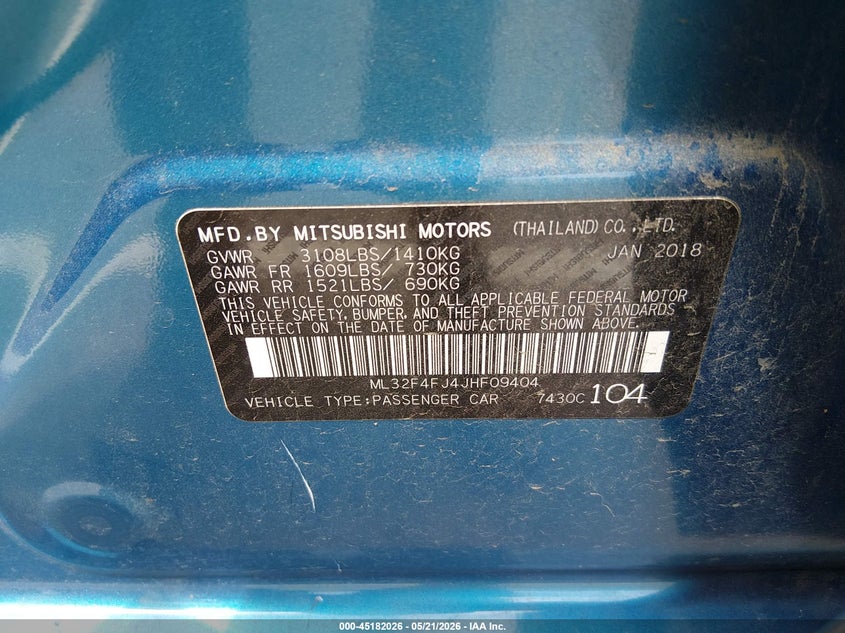2018 Mitsubishi Mirage VIN ML32F4FJ4JHF09404 IAAI salvage auction — FRONT END, Salvage Title, sold $350 on 2026-08-02 (photo 9)