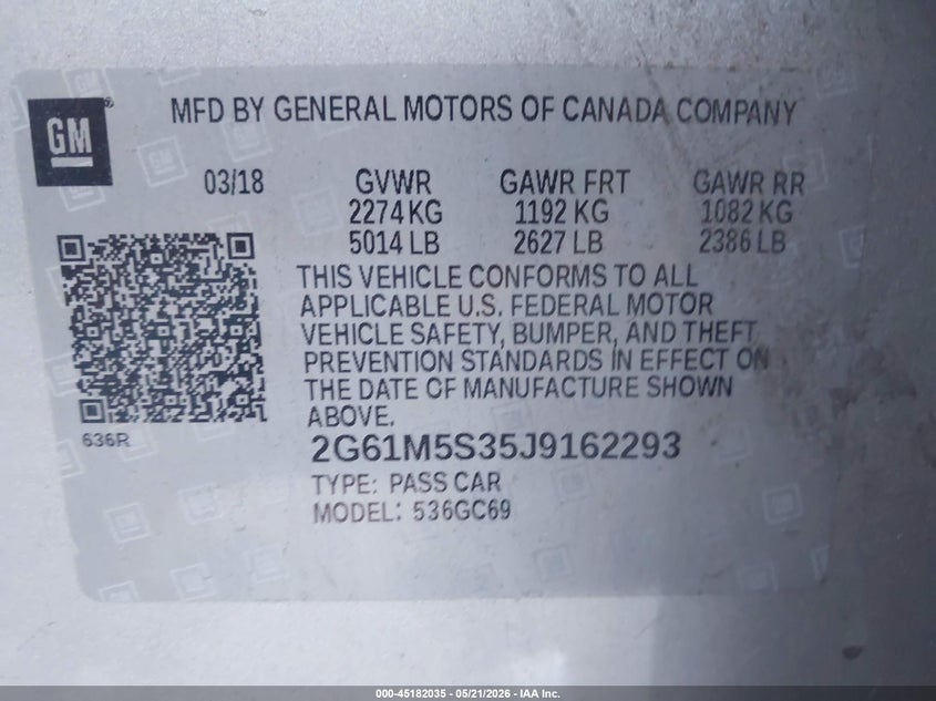 2018 Cadillac Xts VIN 2G61M5S35J9162293 IAAI salvage auction — REAR END, Salvage Title, sold $1,850 on 2026-08-01 (photo 9)