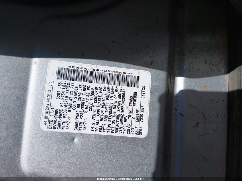2012 Nissan Murano VIN JN8AZ1MW5CW208931 IAAI salvage auction — LEFT SIDE, Nrc Lienholder Repossession Paperwork (New Mexico), sold $350 on 2026-08-01 (photo 9)