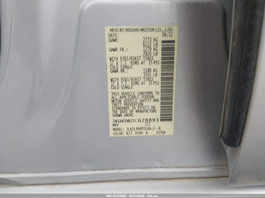 2012 Nissan Pathfinder VIN 5N1AR1NB2CC628893 IAAI salvage auction — FRONT END, Salvage (Missouri), sold $600 on 2026-07-09 (photo 9)