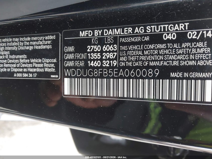 2014 Mercedes-benz S-klasse VIN WDDUG8FB5EA060089 IAAI salvage auction — UNKNOWN, Salvage - Less Than 75% (Maryland), sold $7,375 on 2026-07-17 (photo 9)