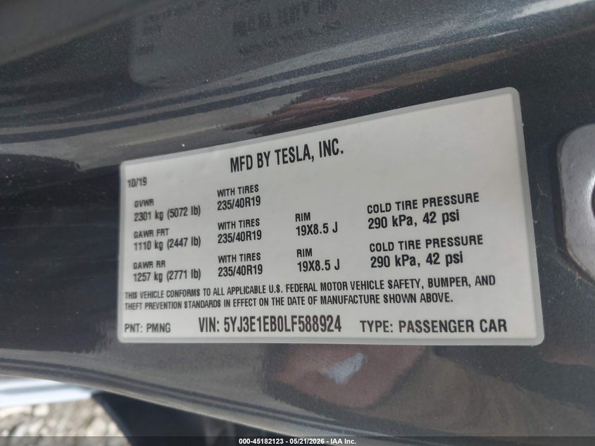 2020 Tesla Model 3 VIN 5YJ3E1EB0LF588924 IAAI salvage auction — FRONT END, Salvage (Virginia), sold $7,800 on 2026-07-17 (photo 9)