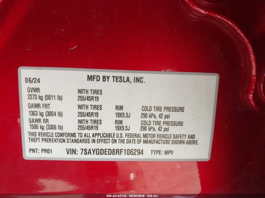 2024 Tesla Model y VIN 7SAYGDED8RF106294 IAAI salvage auction — LEFT FRONT, Salvage (California), sold $10,650 on 2026-07-09 (photo 9)