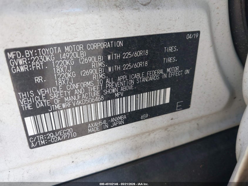 2019 Toyota Rav 4 VIN JTMEWRFV4KD506468 IAAI salvage auction — RIGHT FRONT, Salvage (Oregon), sold $12,400 on 2026-07-09 (photo 9)