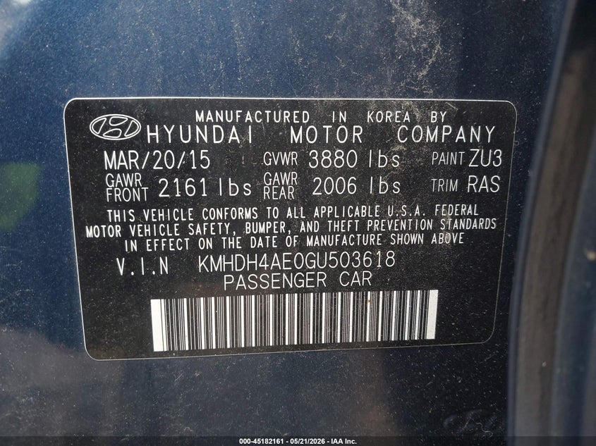 2016 Hyundai Elantra VIN KMHDH4AE0GU503618 IAAI salvage auction — FRONT & REAR, Clear (Indiana), sold $1,100 on 2026-07-15 (photo 9)