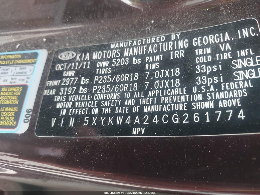 2012 Kia Sorento VIN 5XYKW4A24CG261774 IAAI salvage auction — NORMAL WEAR, Original (Texas), sold $1,325 on 2026-07-13 (photo 9)