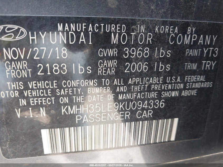 2019 Hyundai Elantra VIN KMHH35LE9KU094336 IAAI salvage auction — HAIL, Salvage Title, sold $2,600 on 2026-07-29 (photo 9)