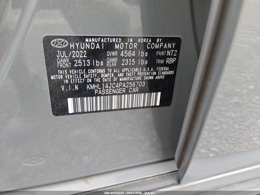 2023 Hyundai Sonata VIN KMHL14JC4PA256703 IAAI salvage auction — REAR END, Salvage (South Carolina), sold $6,600 on 2026-07-14 (photo 9)