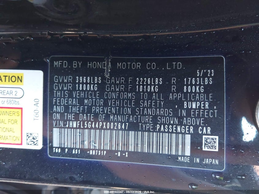 2023 Honda Civic type r VIN JHMFL5G44PX002647 IAAI salvage auction — FRONT & REAR, Salvage (Arizona), sold $8,500 on 2026-07-21 (photo 9)