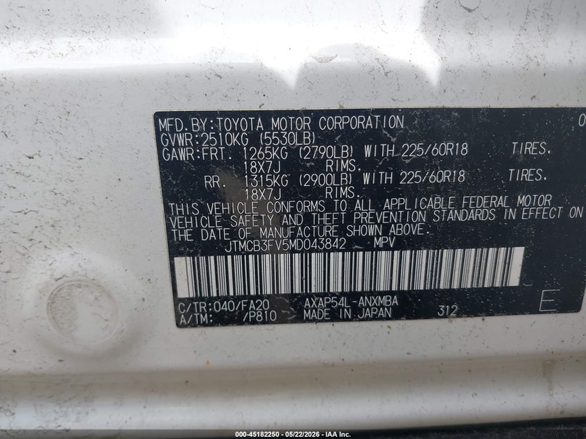 2021 Toyota VIN JTMCB3FV5MD043842 IAAI salvage auction — FRONT END, Salvage (Idaho), sold $3,600 on 2026-07-24 (photo 9)