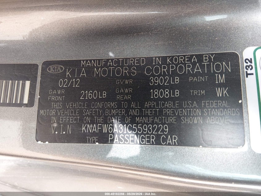 2012 Kia Forte VIN KNAFW6A31C5593229 IAAI salvage auction — NORMAL WEAR, Clear (Florida), sold $350 on 2026-07-15 (photo 9)