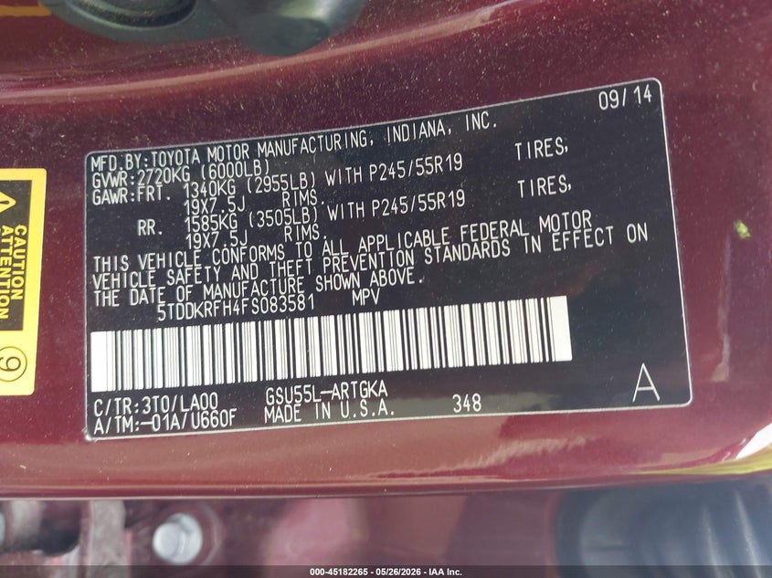 2015 Toyota Highlander VIN 5TDDKRFH4FS083581 IAAI salvage auction — REAR END, Salvage Title, sold $8,600 on 2026-07-09 (photo 9)