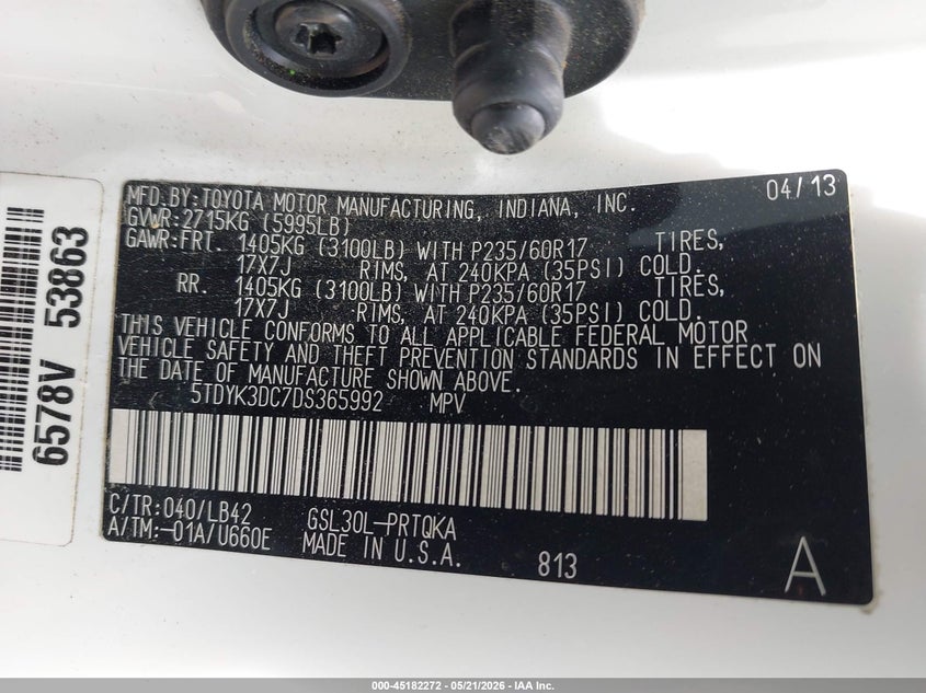 2013 Toyota Sienna VIN 5TDYK3DC7DS365992 IAAI salvage auction — WATER/FLOOD, Salvage (Indiana), sold $2,625 on 2026-07-08 (photo 9)