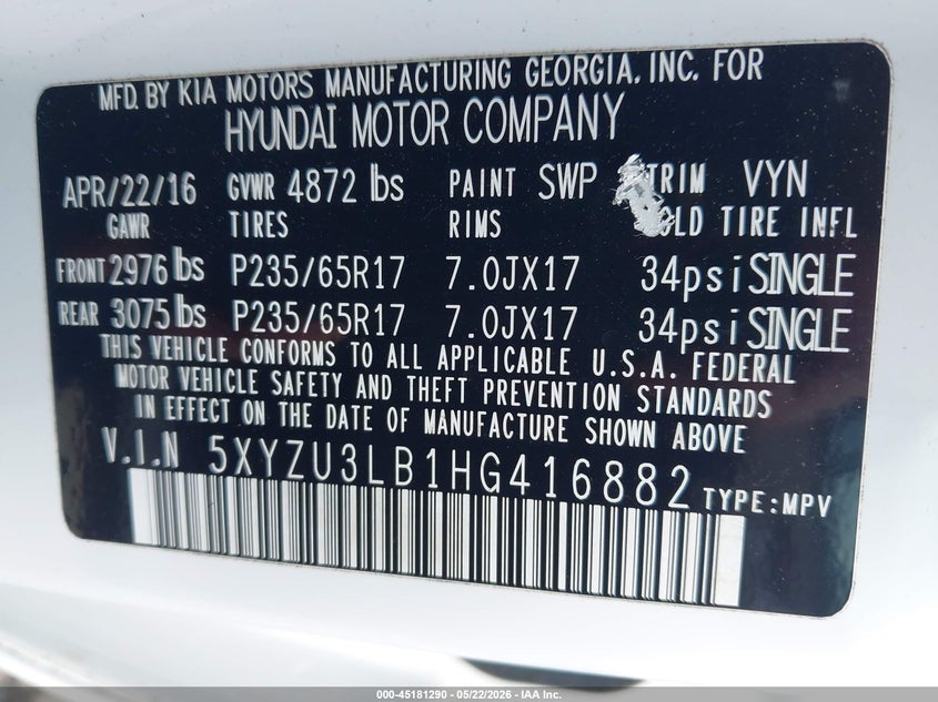 2017 Hyundai Santa fe VIN 5XYZU3LB1HG416882 IAAI salvage auction — REAR END, Salvage (Georgia), sold $25 on 2026-07-29 (photo 9)