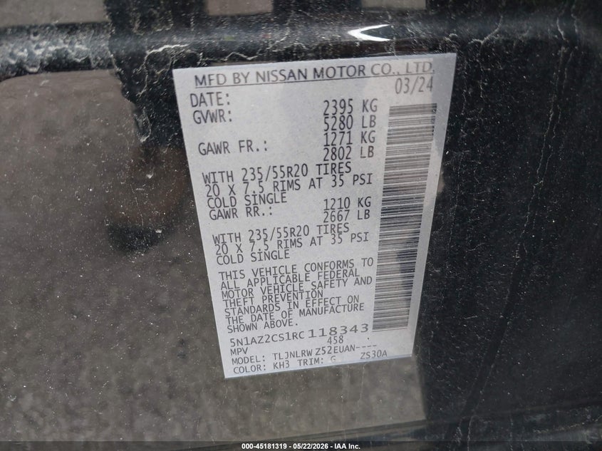 2024 Nissan Murano VIN 5N1AZ2CS1RC118343 IAAI salvage auction — LEFT FRONT, Salvage (Ohio), sold $7,400 on 2026-07-14 (photo 9)